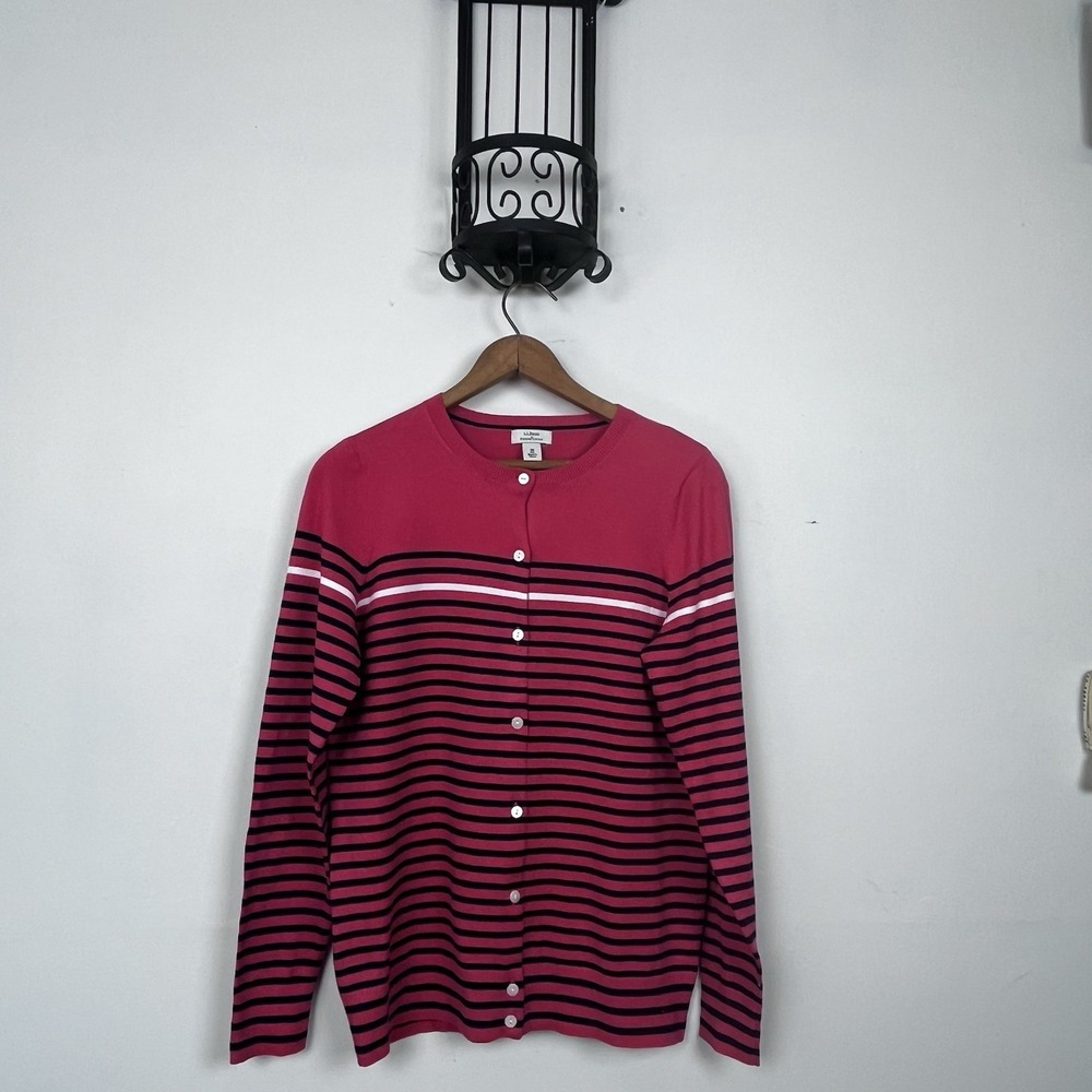 LL Bean Cardigan M Pink Striped Supima Cotton Heritage Prep Coastal Grandma